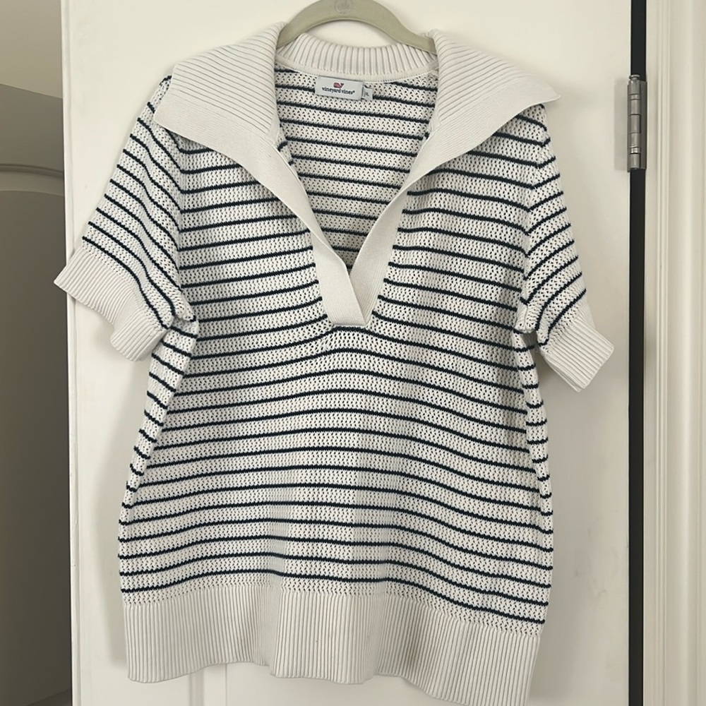 Vineyard Vines women’s XXL short sleeve collard sweater - navy & cream- perfect